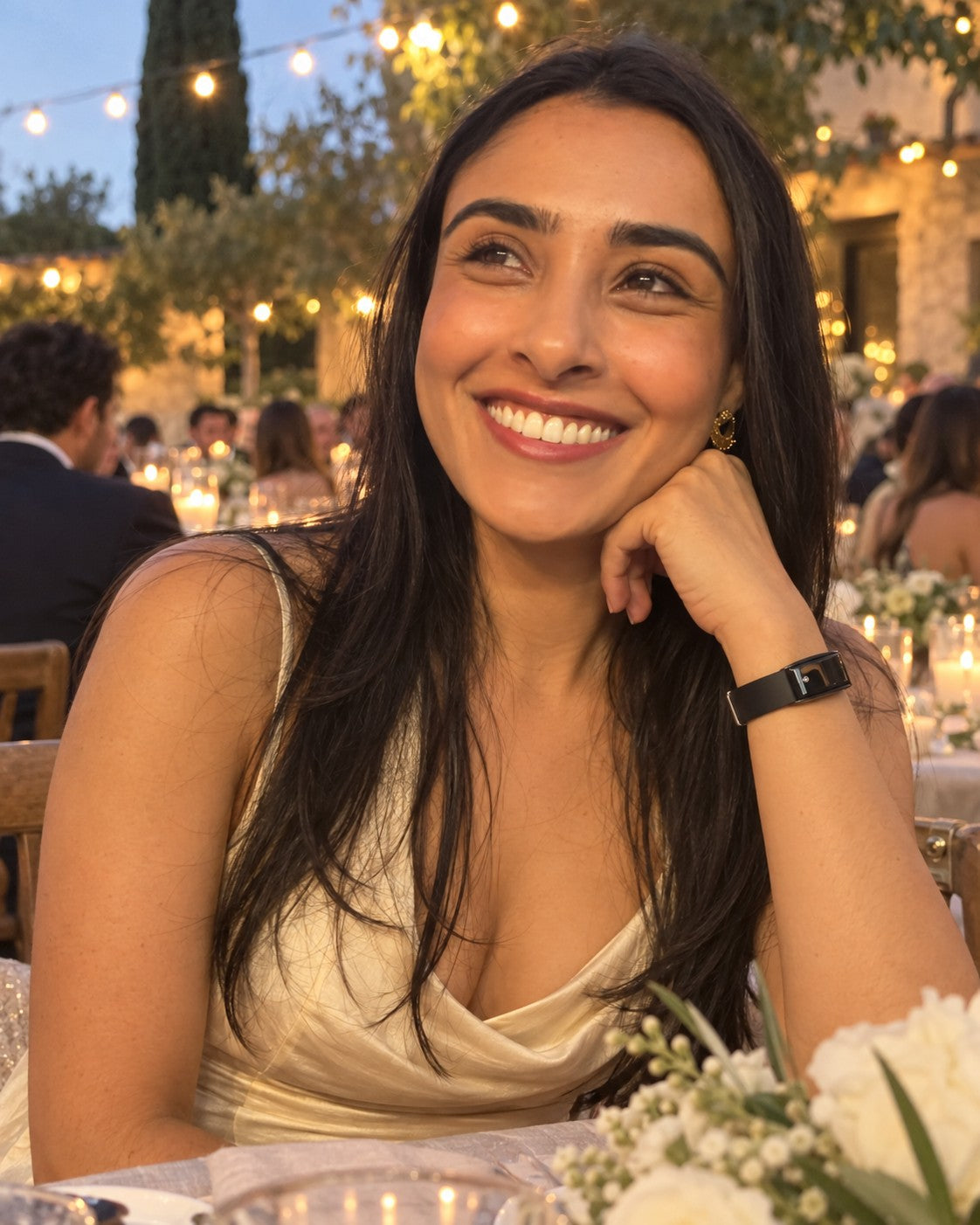 Wedding guest wearing ScentBand